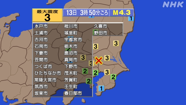 3時50分ごろ、Ｍ４．３　茨城県南部 北緯36.0度　東経139