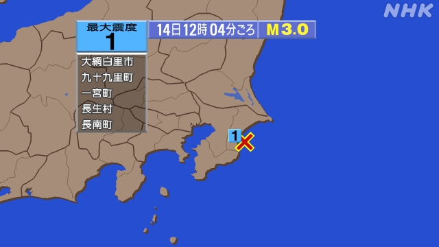 12時4分ごろ、Ｍ３．０　千葉県東方沖 北緯35.4度　東経14
