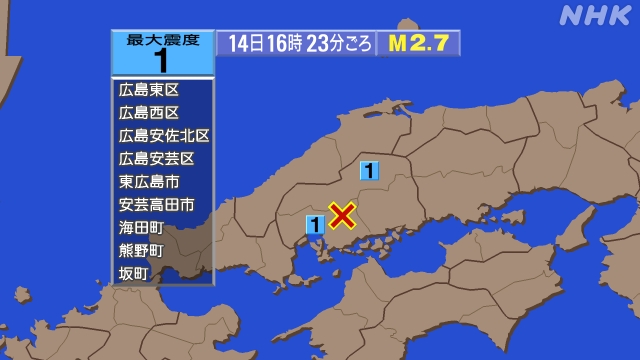 16時23分ごろ、Ｍ２．７　広島県南西部 北緯34.5度　東経1