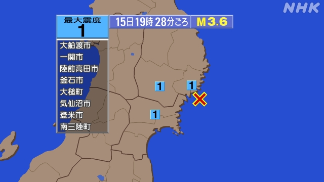 19時28分ごろ、Ｍ３．６　宮城県沖 北緯38.9度　東経141
