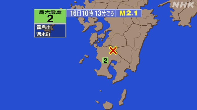 10時13分ごろ、Ｍ２．１　鹿児島県薩摩地方 北緯32.0度　東