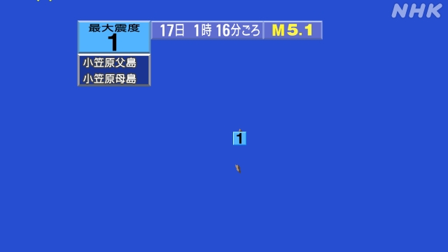 1時16分ごろ、Ｍ５．１　鳥島近海 北緯29.0度　東経139.