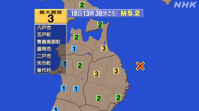 13時38分ごろ、Ｍ５．２　岩手県沖 北緯40.1度　東経142