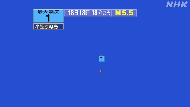 18時18分ごろ、Ｍ５．５　硫黄島近海 北緯25.2度　東経14