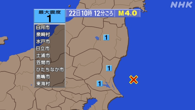 10時12分ごろ、Ｍ４．０　茨城県沖 北緯36.2度　東経141