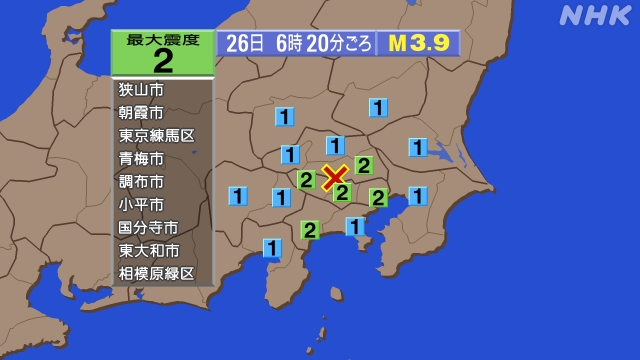 6時20分ごろ、Ｍ３．９　埼玉県南部 北緯35.8度　東経139