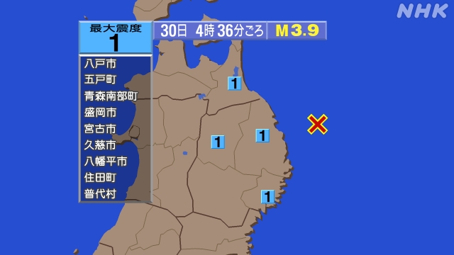 4時36分ごろ、Ｍ３．９　岩手県沖 北緯40.1度　東経142.