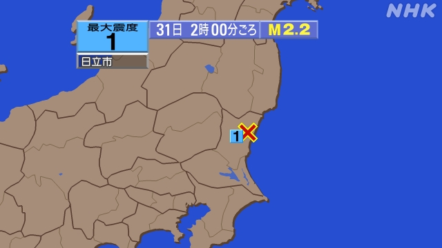 2時00分ごろ、Ｍ２．２　茨城県北部 北緯36.6度　東経140