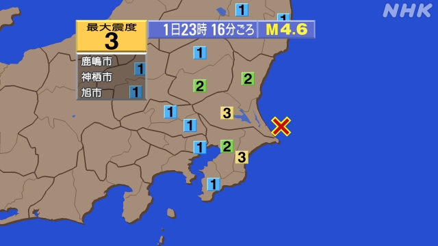 23時16分ごろ、Ｍ４．６　茨城県沖 北緯35.9度　東経140