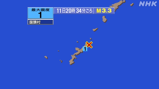 20時34分ごろ、Ｍ３．３　沖縄本島近海 北緯26.8度　東経1