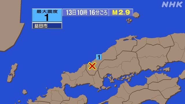 10時16分ごろ、Ｍ２．９　島根県西部 北緯34.6度　東経13