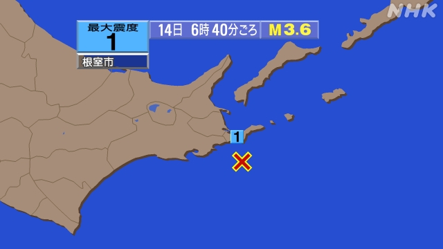 6時40分ごろ、Ｍ３．６　釧路沖 北緯42.9度　東経145.5