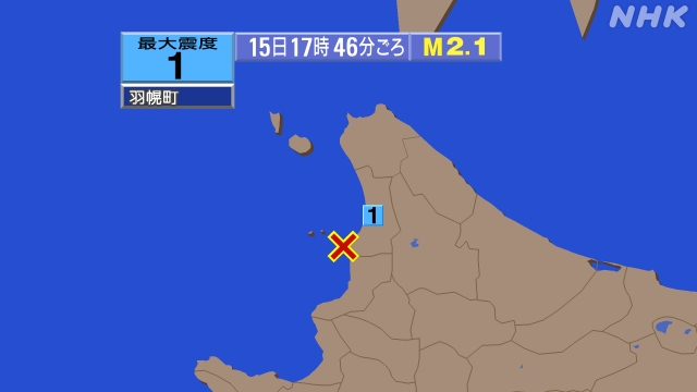 17時46分ごろ、Ｍ２．１　北海道西方沖 北緯44.3度　東経1