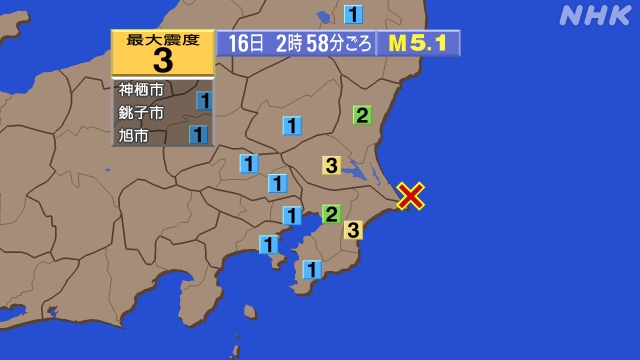 2時58分ごろ、Ｍ５．１　千葉県東方沖 北緯35.8度　東経14