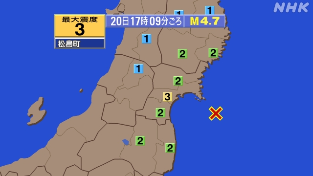 17時9分ごろ、Ｍ４．７　宮城県沖 北緯38.0度　東経141.