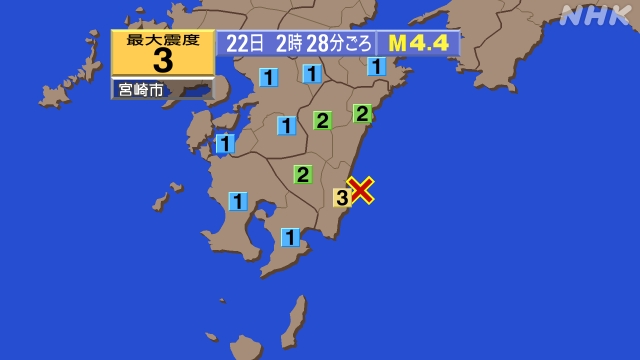 2時28分ごろ、Ｍ４．４　日向灘 北緯31.8度　東経131.6