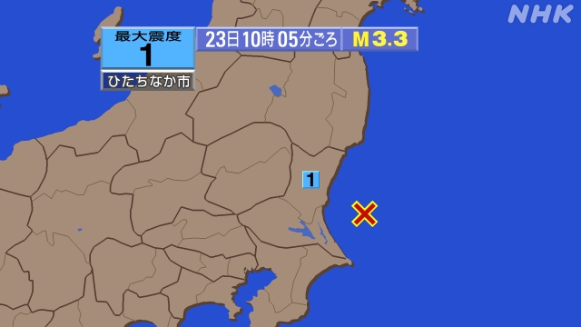 10時5分ごろ、Ｍ３．３　茨城県沖 北緯36.2度　東経141.