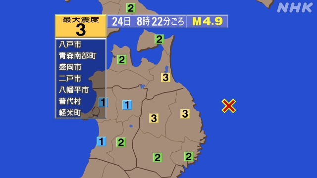8時22分ごろ、Ｍ４．９　岩手県沖 北緯40.1度　東経142.