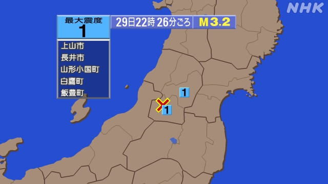 22時26分ごろ、Ｍ３．２　山形県置賜地方 北緯38.1度　東経