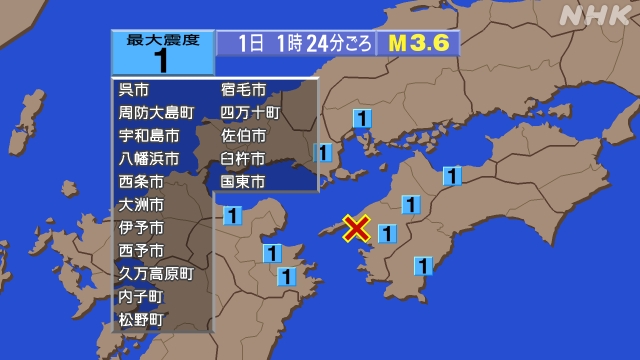 1時24分ごろ、Ｍ３．６　愛媛県南予 北緯33.4度　東経132