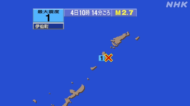 10時14分ごろ、Ｍ２．７　奄美大島近海 北緯27.7度　東経1