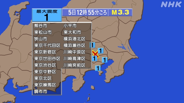 12時55分ごろ、Ｍ３．３　埼玉県南部 北緯35.8度　東経13