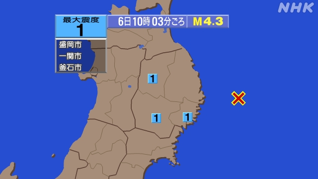 10時3分ごろ、Ｍ４．３　岩手県沖 北緯39.5度　東経142.
