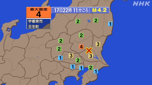 22時11分ごろ、Ｍ４．２　茨城県南部 北緯36.3度　東経14
