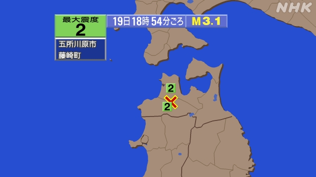 18時54分ごろ、Ｍ３．１　青森県津軽北部 北緯40.7度　東経