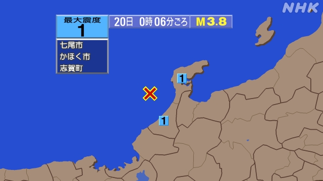 0時6分ごろ、Ｍ３．８　石川県西方沖 北緯36.9度　東経136