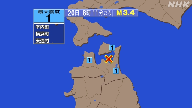 8時11分ごろ、Ｍ３．４　陸奥湾 北緯41.0度　東経141.1