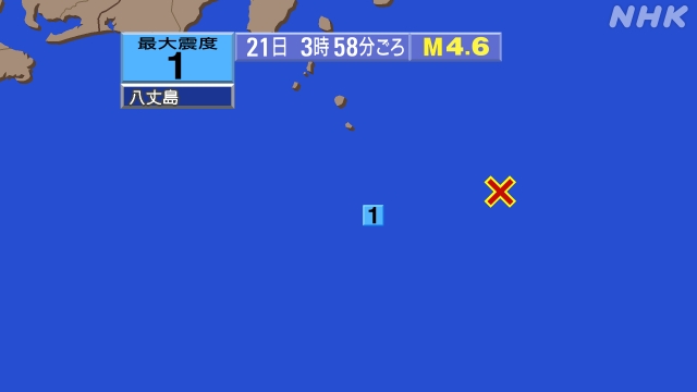 3時58分ごろ、Ｍ４．６　八丈島東方沖 北緯33.3度　東経14