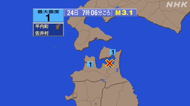 7時6分ごろ、Ｍ３．１　陸奥湾 北緯41.0度　東経141.1度