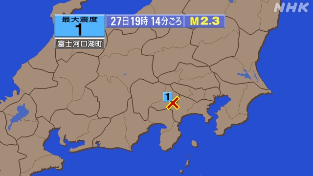 19時14分ごろ、Ｍ２．３　山梨県東部・富士五湖 北緯35.5度