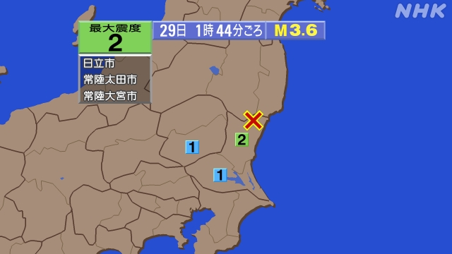 1時44分ごろ、Ｍ３．６　茨城県北部 北緯36.8度　東経140
