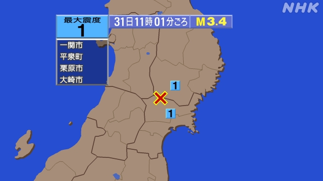 11時1分ごろ、Ｍ３．４　宮城県北部 北緯38.9度　東経140