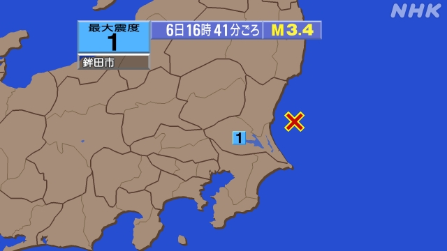 ６日16時41分ごろ、Ｍ３．４　茨城県沖 北緯36.3度　東経1