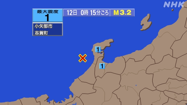 0時15分ごろ、Ｍ３．２　石川県西方沖 北緯36.9度　東経13