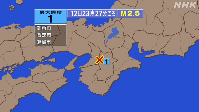 23時27分ごろ、Ｍ２．５　奈良県 北緯34.5度　東経135.