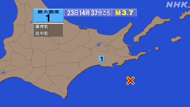 14時37分ごろ、Ｍ３．７　釧路沖 北緯42.5度　東経145.