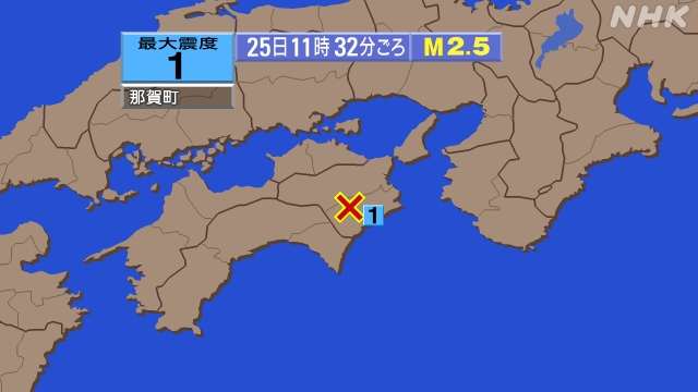 11時32分ごろ、Ｍ２．５　徳島県南部 北緯33.8度　東経13