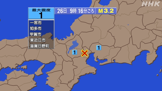 9時16分ごろ、Ｍ３．２　三重県北部 北緯35.0度　東経136