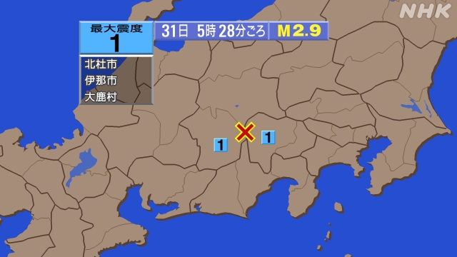 5時28分ごろ、Ｍ２．９　山梨県中・西部 北緯35.7度　東経1
