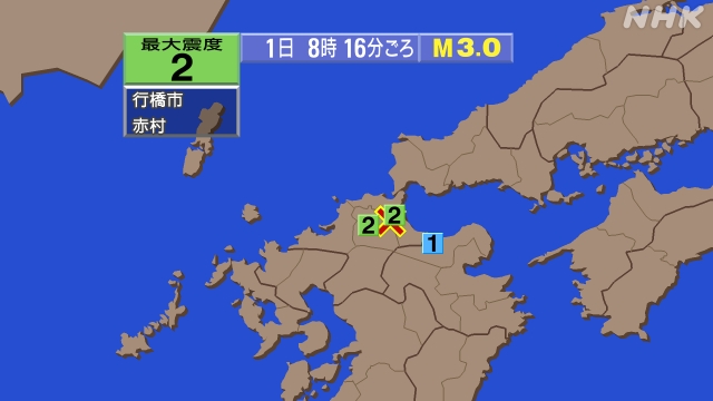 8時16分ごろ、Ｍ３．０　福岡県北九州地方 北緯33.7度　東経