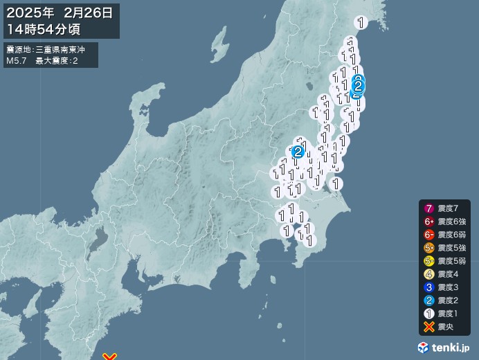 14時54分ごろ、Ｍ５．７　三重県南東沖 北緯33.6度　東経1