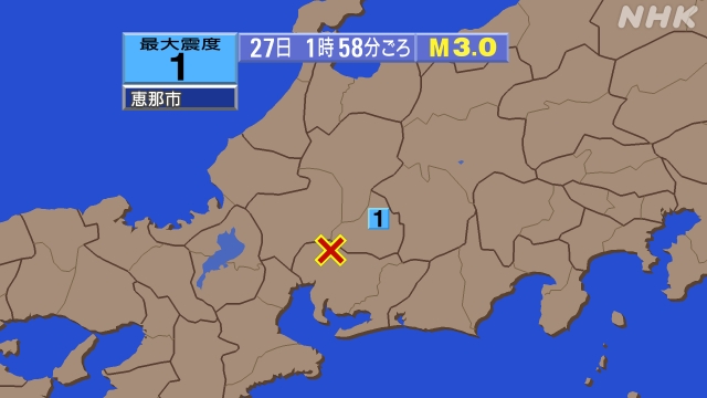 1時58分ごろ、Ｍ３．０　愛知県西部 北緯35.3度　東経137