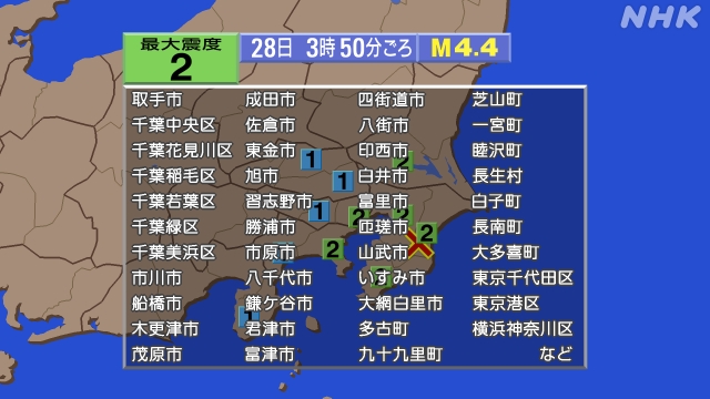 3時50分ごろ、Ｍ４．４　千葉県北東部 北緯35.4度　東経14