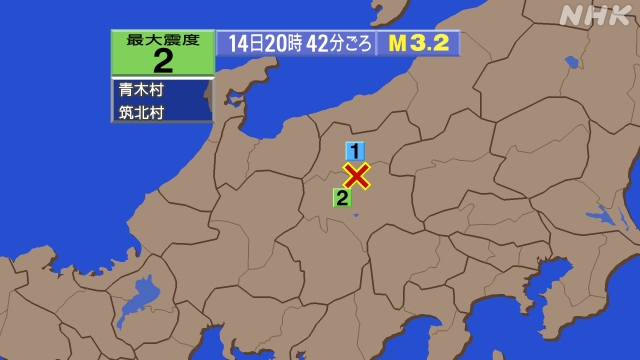 20時42分ごろ、Ｍ３．２　長野県中部 北緯36.4度　東経13