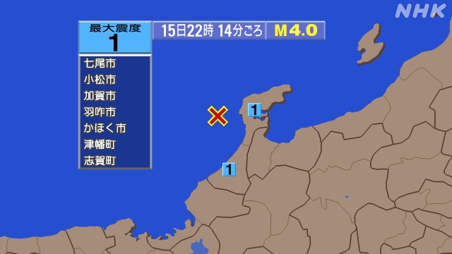 8時13分ごろ、Ｍ３．２　石川県西方沖 北緯37.0度　東経13