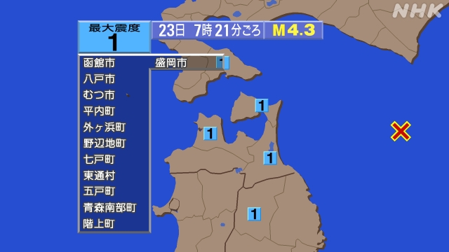 7時21分ごろ、Ｍ４．３　青森県東方沖 北緯41.0度　東経14
